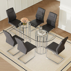 English Elm Table and Chair Set Oval Glass Top Twin Column Base with Six Pu Leather Seats Dark Gray,Silver,Transparent W1151S04734