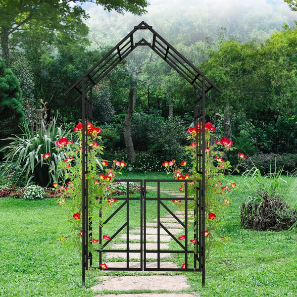 English Elm Metal Garden Arch Bench with Trellis Grid for Climbing Roses and Outdoor Spaces W1586P278421