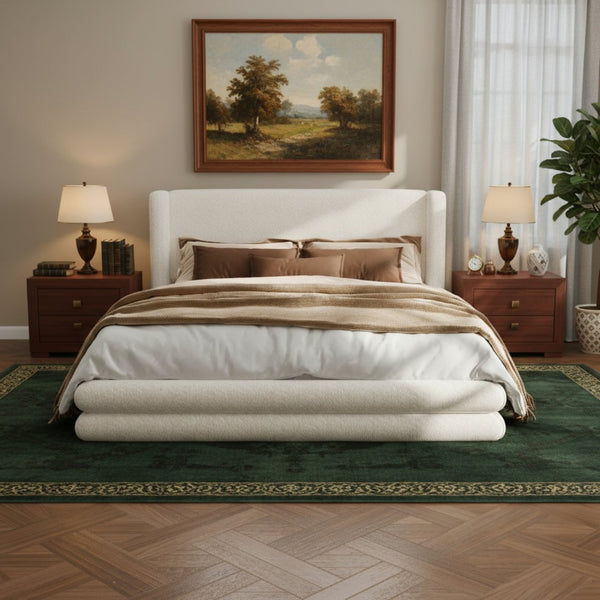 English Elm Queen Boucle Upholstered Wingback Bed Sculptural Curved Frame for Modern Bedroom N757Q360456W