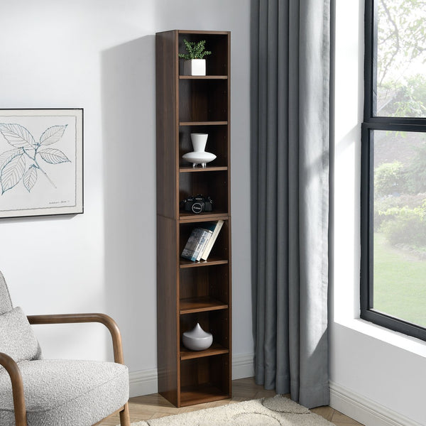 English Elm 8-Tier Media Tower Rack with Adjustable Shelves, Slim Tall Narrow Storage Cabinet for Home Office Organization Walnut W487P318934