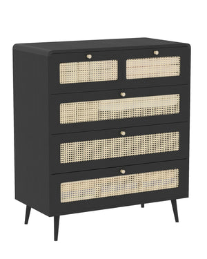 English Elm 4 Drawer Dresser Black - Modern Rattan-Front Chest with Wide Metal-Handle Drawers, Durable MDF Storage W2227P144261