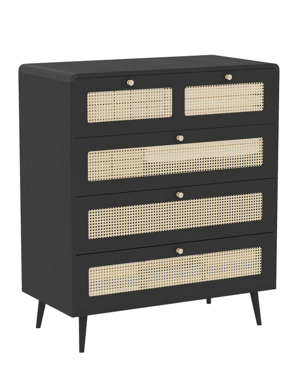 English Elm 4 Drawer Dresser Black - Modern Rattan-Front Chest with Wide Metal-Handle Drawers, Durable MDF Storage W2227P144261