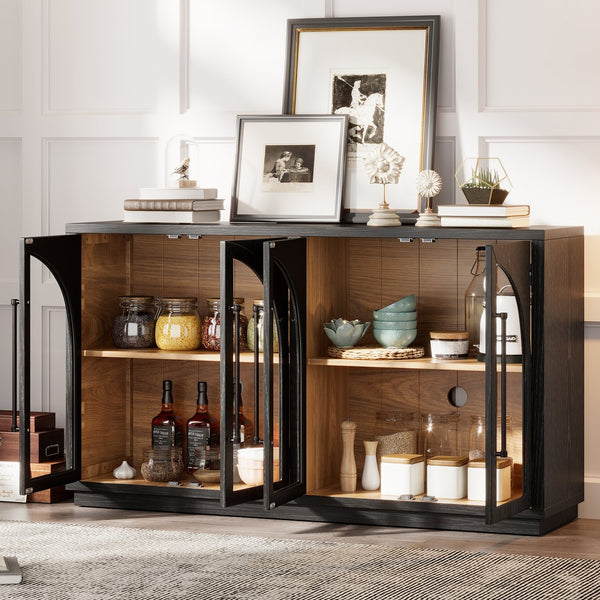 English Elm TREXM Arched Glass Door Sideboard Buffet Cabinet with Adjustable Shelves, Cable Management, 64" Black XW000021AAB