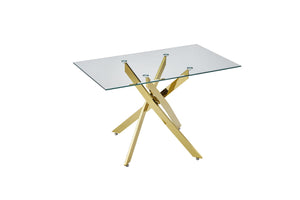 English Elm Modern Tempered Glass Dining Table with Metallic Iron Frame for Compact Spaces Golden W3590S00007
