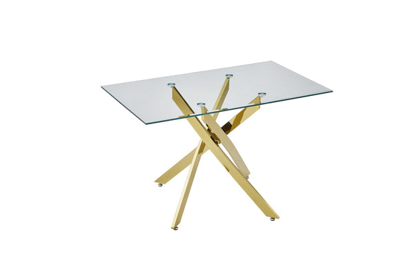 English Elm Modern Tempered Glass Dining Table with Metallic Iron Frame for Compact Spaces Golden W3590S00007
