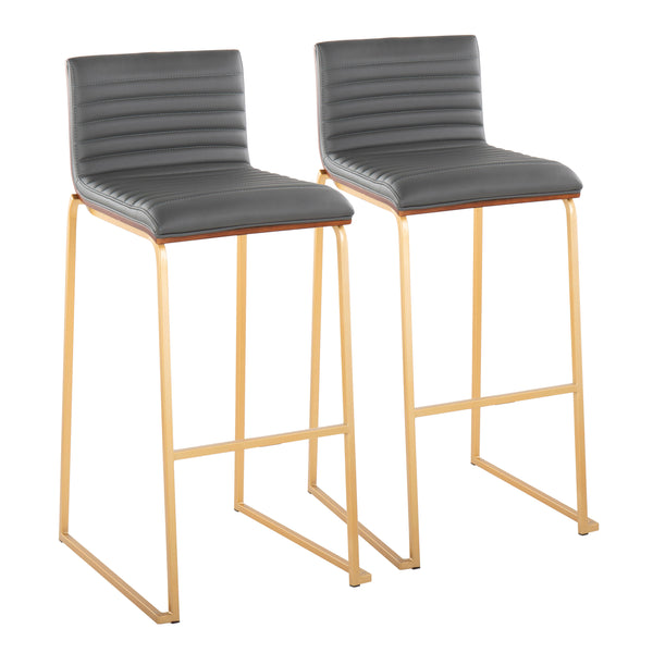 English Elm Mason Mara 30" Gold Barstools – Set Of 2 With Walnut Wood & Grey Faux Leather For Stylish Comfort B202P222246