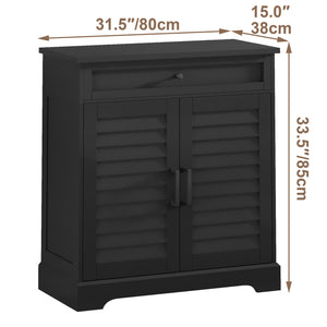 English Elm 16 Pair Shoe Cabinet Tall Freestanding Entryway Organizer with Drawer, Louvered Doors, Durable MDF Storage Black T3771P373139