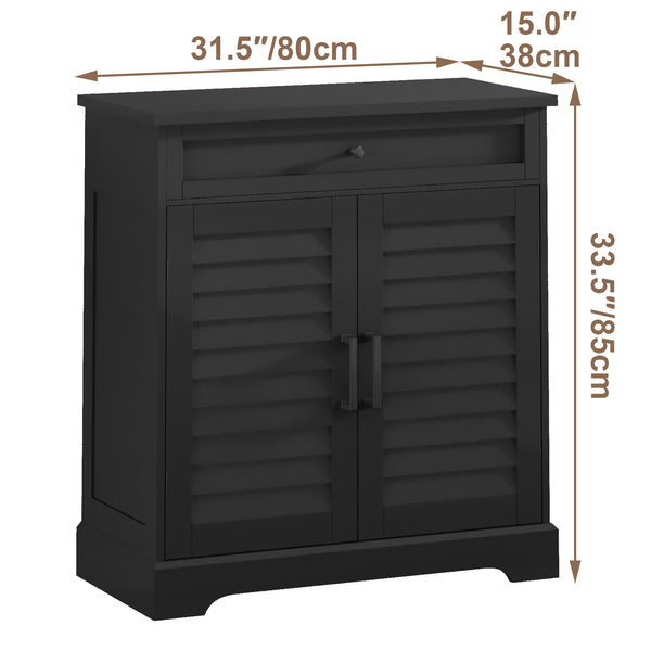 English Elm 16 Pair Shoe Cabinet Tall Freestanding Entryway Organizer with Drawer, Louvered Doors, Durable MDF Storage Black T3771P373139