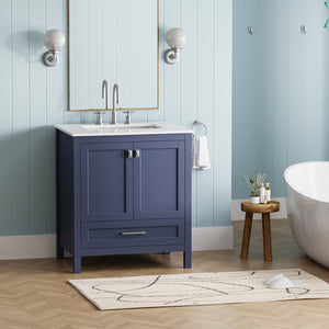 English Elm 30" Freestanding Vanity Solid Wood Frame Carrara Marble Top Navy Blue Powder Bath W1573P237849