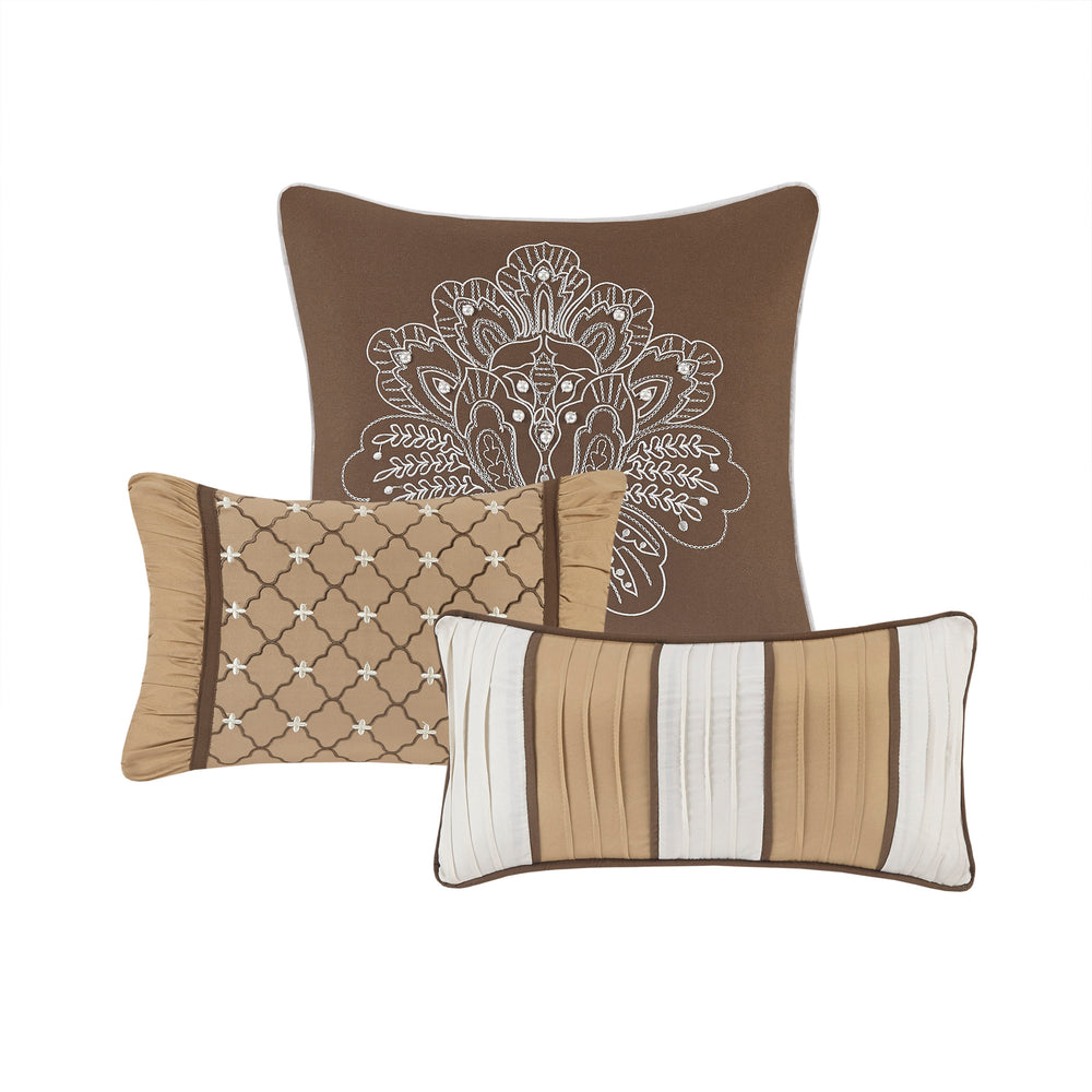 English Elm 7 Piece Jacquard Comforter Set - Luxurious Brown/Gold King Bedding With Decorative Pillows & Shams B03597001
