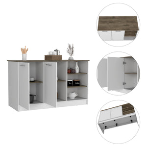 English Elm Kitchen Island With Two Cabinets & Three Open Shelves - Stylish White & Dark Brown Storage Solution B097S00130