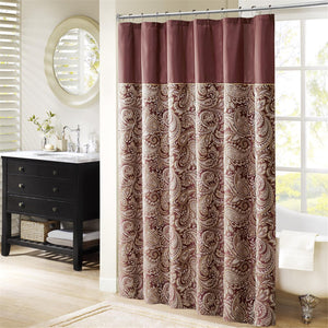 JLA Home Madison Park - Jacquard textured paisley shower curtain with contrasting top stripe, durable polyester, machine washable Burgundy MP70-3034