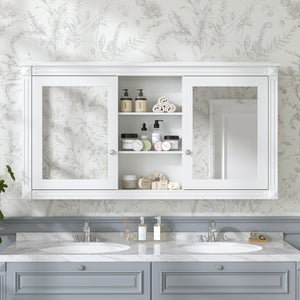 English Elm 55 Inch Wall Mount Medicine Cabinet Dual Mirrored Doors Soft Close Bathroom Vanity Storage White N710P401342K