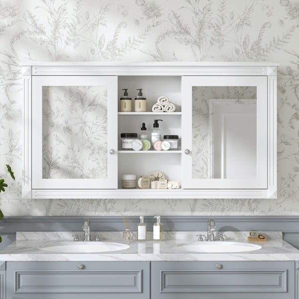 English Elm 55 Inch Wall Mount Medicine Cabinet Dual Mirrored Doors Soft Close Bathroom Vanity Storage White N710P401342K