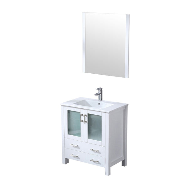 English Elm White Bath Vanity Set With Ceramic Top, Chrome Faucet, And 28" Mirror – Perfect For Small Spaces! B2731S01285-GIGA