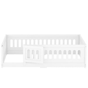 English Elm Twin Size Floor Bed With Safety Guardrails & Built-In Door - Cozy Solid Wood Frame For Kids’ Rooms W1820P240536-GIGA