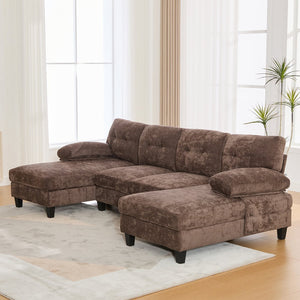 English Elm U-shaped Chenille Sectional Sofa with Dual Chaise Lounges, Tufted Back, Storage Pockets & Pillows Brown N719S002040D