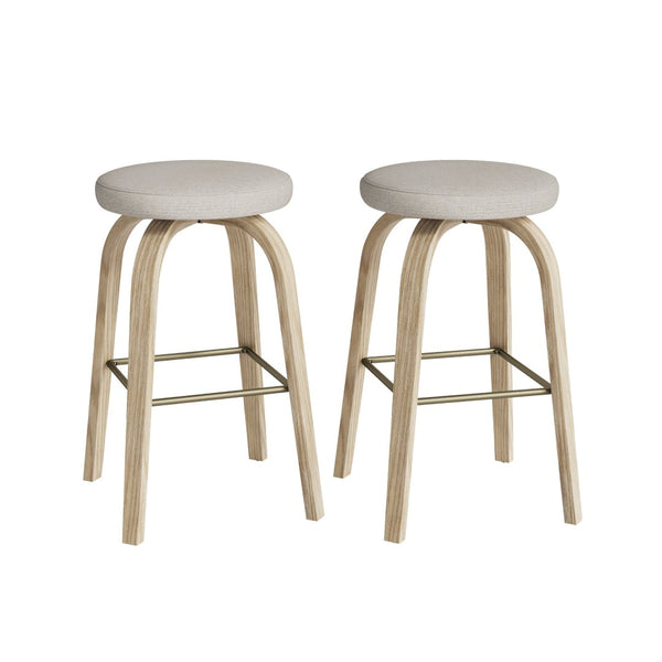 English Elm Swivel Backless Counter Stools Set of 2 with Fabric Seat Bentwood Legs Mid-century Modern Beige W3107P446882