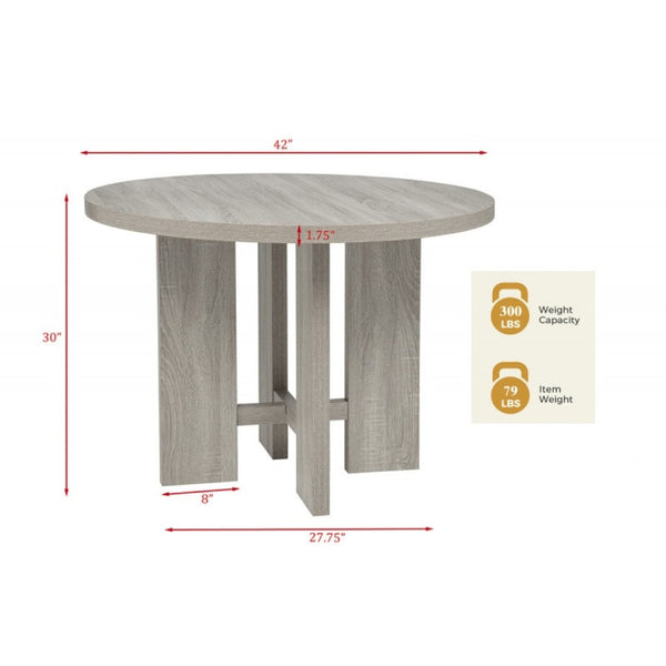 English Elm Farmhouse Round Dining Set 42 Inch Oak Table with Four Upholstered Chairs Seats B011S02196