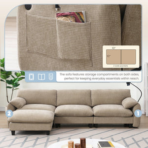 English Elm 108" Modular Sectional Sofa with USB & Type-C Chargers, Phone Cradle, Side Pockets, Movable Ottoman Light Khaki+Beige N723S7039D