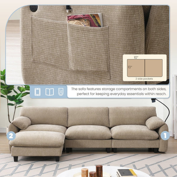 English Elm 108" Modular Sectional Sofa with USB & Type-C Chargers, Phone Cradle, Side Pockets, Movable Ottoman Light Khaki+Beige N723S7039D