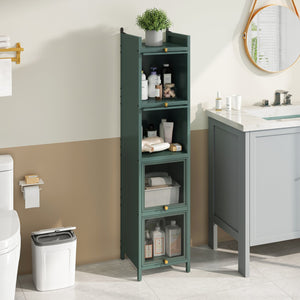 English Elm Modern Four-tier Glass Door Cabinet with Slim Iron Frame, Five Shelves, Heavy-Duty 33lb Capacity Dark Green W757P241563