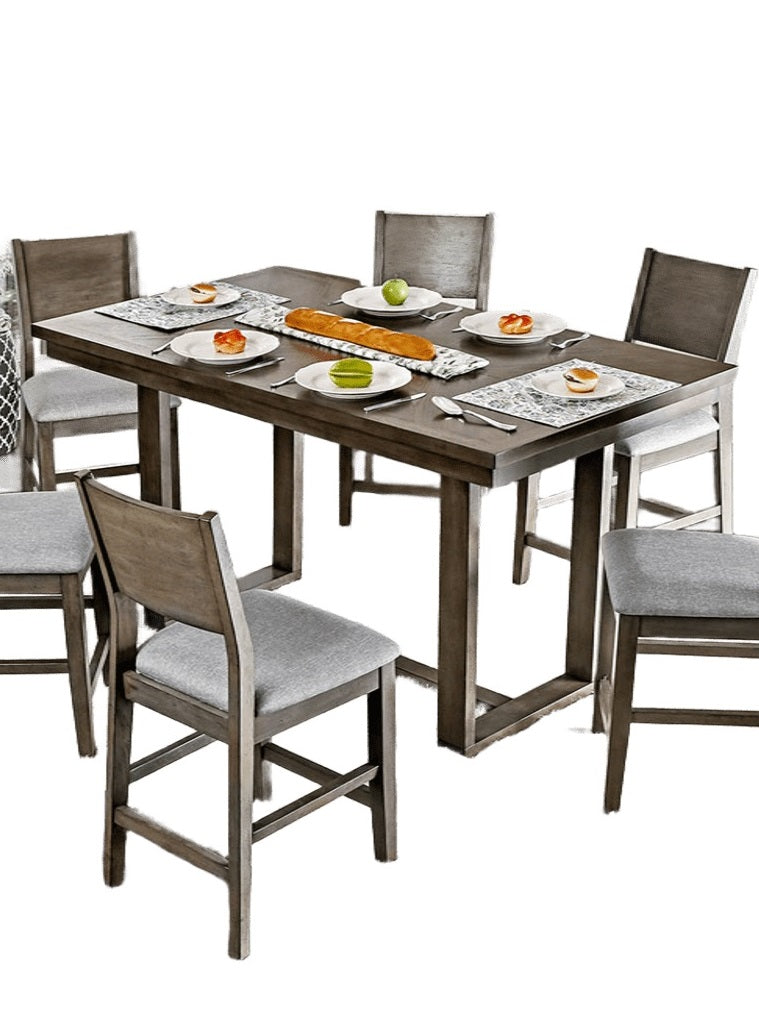 English Elm Dining 7pc Counter Height Dining Set Gray Finish with Light Gray Padded Fabric Chairs, Sturdy 66" Table B2741S00096