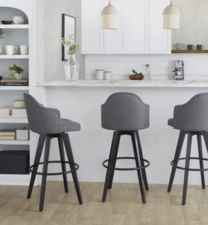 English Elm Fixed-height Swivel Barstools Upholstered Grey Fabric Black Wood Legs Kitchen Set of 2 Grey B202S01869