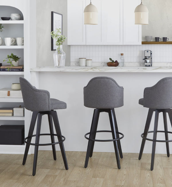 English Elm Fixed-height Swivel Barstools Upholstered Grey Fabric Black Wood Legs Kitchen Set of 2 Grey B202S01869