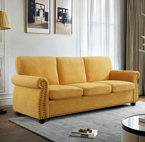 English Elm Soft Velvet Sofa - Luxurious 3-Seater Velvet Couch with High-Density Foam, Turned Wood Legs, Chic Lounge Cozy Modern Design Mustard yellow B2735P292317