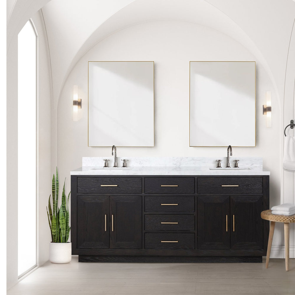 English Elm Black Oak Double Bath Vanity 72" W With Carrara Marble Top & Chrome Faucets - Elegant Storage Solution B2731P260851