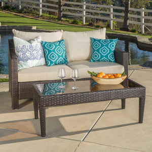 English Elm Christopher Knight Home® - ANTIBES RATTAN LOVESEAT SET WITH SIDE TABLE – Weatherproof PE Wicker, Iron Frame, Compact Patio Seating Brown 57088.00SET