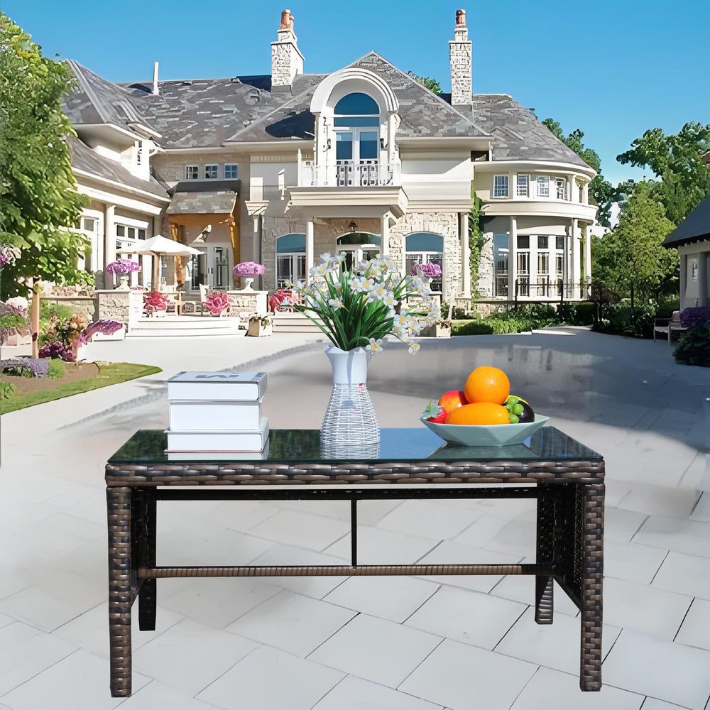 English Elm Outdoor Patio Coffee Table Brown Wicker with 0.2" Tempered Glass Top, Beige Cushion, UV & Water Resistant W20966895