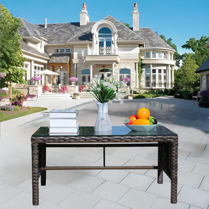 English Elm Outdoor Patio Coffee Table Brown Wicker with 0.2" Tempered Glass Top, Beige Cushion, UV & Water Resistant W20966895