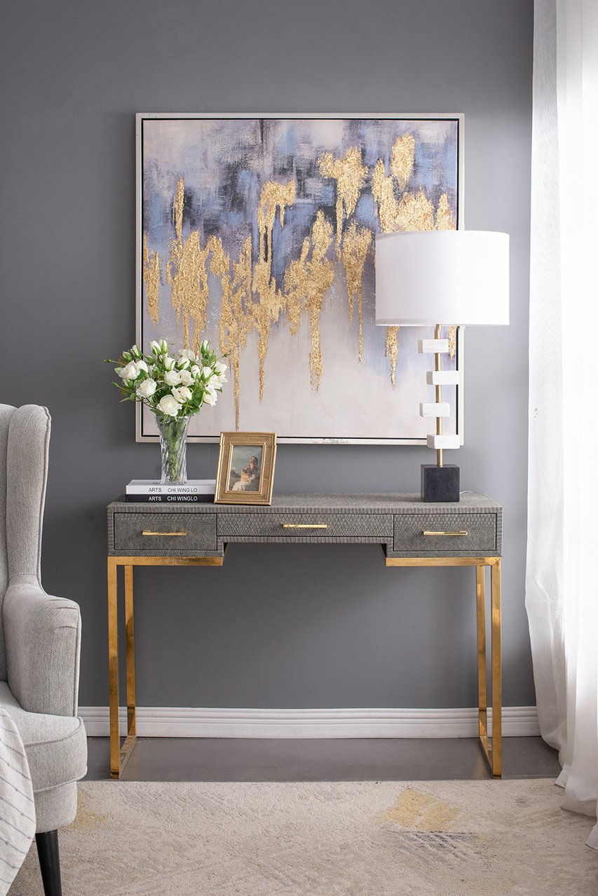 English Elm D15x30" Marble Table Lamp with Brass Frame & White Fabric Drum Shade — Vintage Modern Accent Light for Living Room W2078P399248