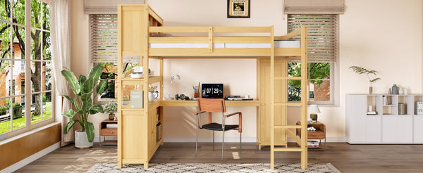 English Elm Full Size Pine Loft Bed House Frame with Slide Bookshelves and Moon Star Rails W1580S00163