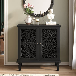 English Elm Vintage Hollow-Carved Accent Cabinet with Floral Motif, 2-Door Sideboard, Adjustable Shelf, Solid Wood Legs Black W1445P384721