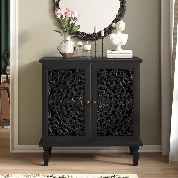 English Elm Vintage Hollow-Carved Accent Cabinet with Floral Motif, 2-Door Sideboard, Adjustable Shelf, Solid Wood Legs Black W1445P384721