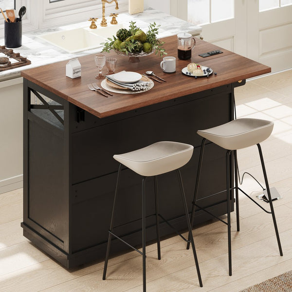 English Elm K&K 46.5'' Farmhouse Kitchen Island Cart with Beaded Drapes, Drop Leaf, Power Hub, Ample Storage Black N707P254872B