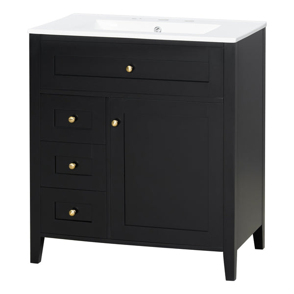 English Elm 30-Inch Contemporary Bathroom Vanity with Sink, MDF & Rubberwood, Glossy Finish, 3 Drawers + Cabinet Black N725P350819B