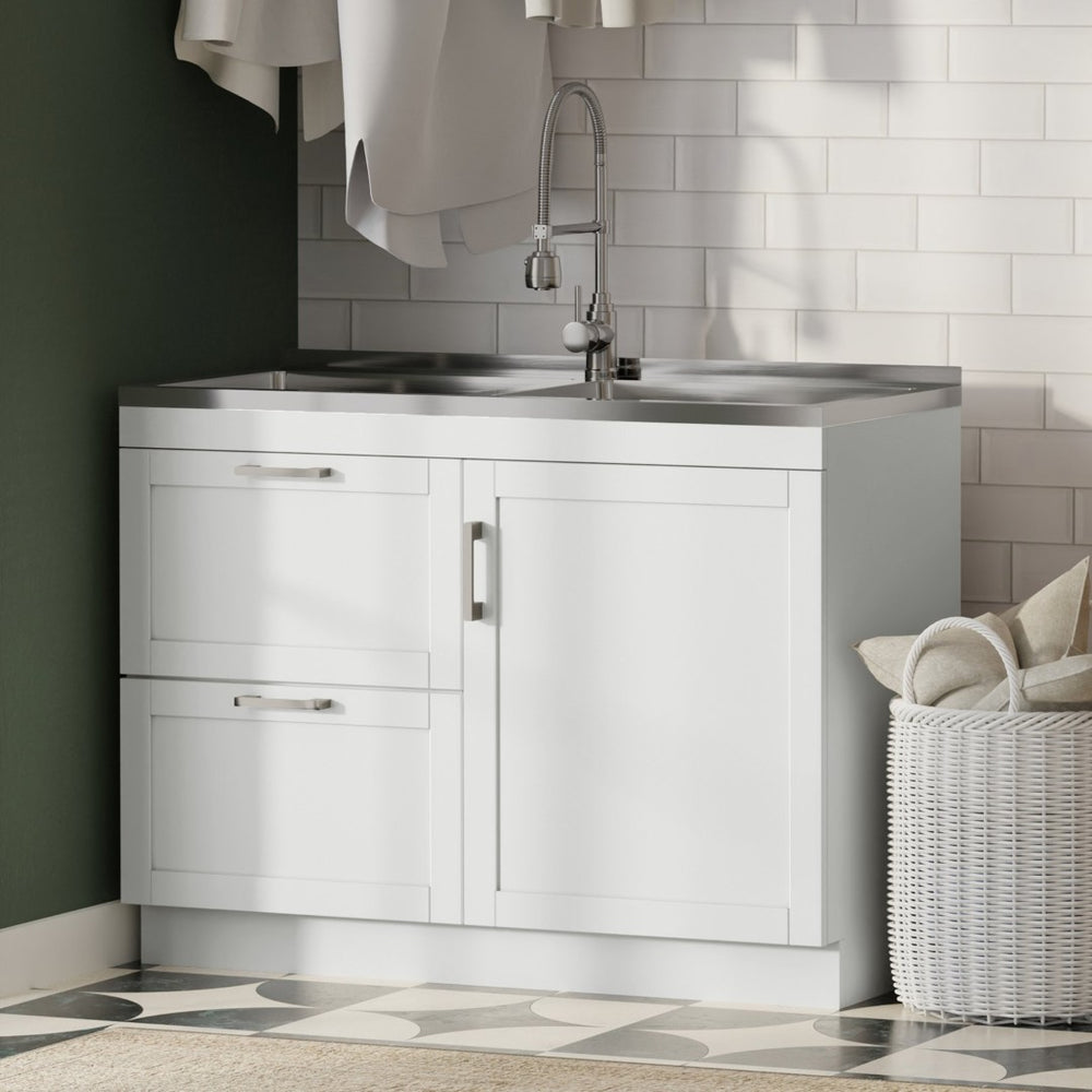 English Elm Hennessy Shaker Cabinet Utility Sink Stainless Steel Basin Laundry Room Setup B136P427219