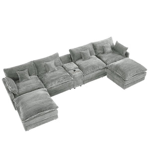 English Elm 148-inch U-shaped Sectional Seven Piece Sofa with Console Usb Port Living Room W2564S00096