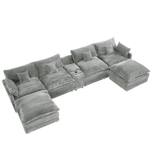 English Elm 148-inch U-shaped Sectional Seven Piece Sofa with Console Usb Port Living Room W2564S00096