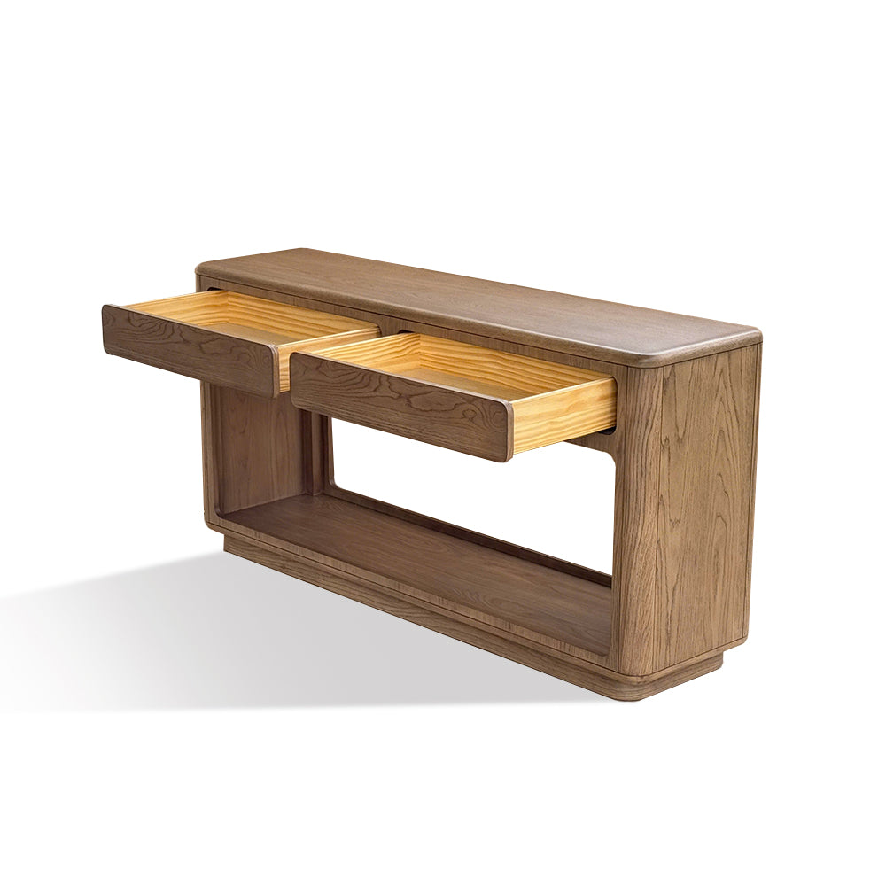 JLA Home Chapel Hill - Console Chapel Hill Emil Driftwood Oak Console Table with 2 Drawers, Open Shelf, Sealed Top, Modern Appeal CH125-0082
