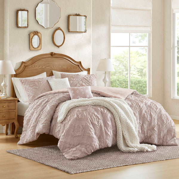 English Elm 5-Piece Sculpted Jacquard Comforter Set Full/Queen with Plush Polyester Fill, Elegant Texture Pink 12.99 L x 17.01 W x 6.5 H B035P408222