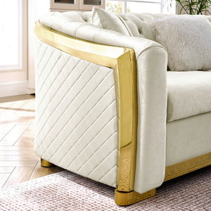 English Elm 106 Inch Velvet Tufted Chesterfield Sectional with Gold Steel Legs for Large Living Rooms Beige W1191S00047
