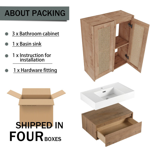 English Elm 30 Inch Wall-Mounted Bathroom Vanity With Resin Sink & Soft Close Drawers - Modern Storage Solution W999S00354