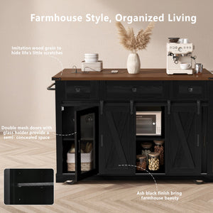 English Elm K&K 58" Farmhouse Kitchen Island with Sliding Barn Door, Drop Leaf, Glass Rack, Locking Wheels, Power Black N707P349811B