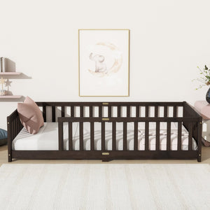 English Elm Twin Low Profile Rubberwood Floor Bed with Full Safety Fence for Toddler Rooms Espresso W504P429337