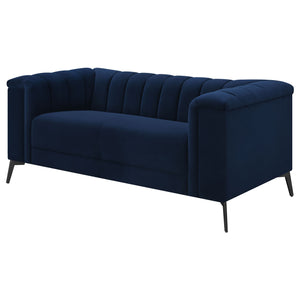 English Elm Darci Blue Velvet Loveseat with Vertical Channel Tufting, Angled Black Metal Legs for Luxe Style B062P357779